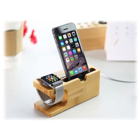 2 In 1 Bamboo Charging Dock Station For iWatch Iphone - Natural Wood