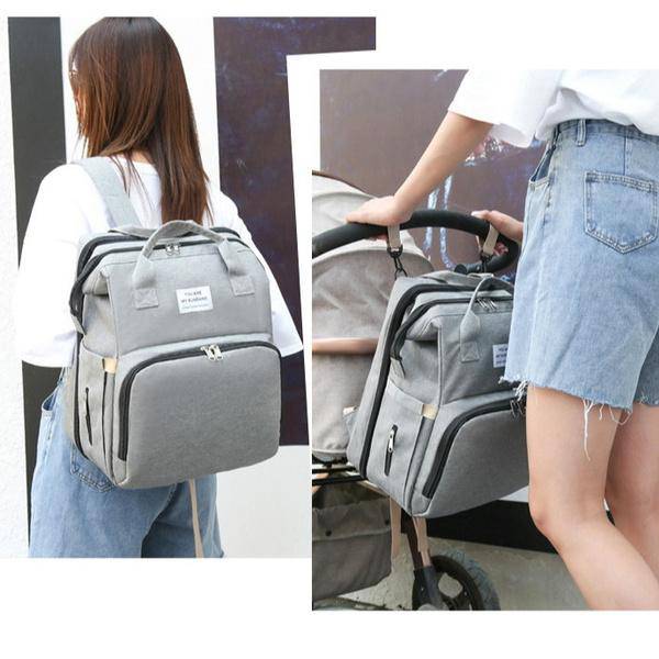 Portable Folding Crib Mommy Bag Bed Backpack - Green/Blue Pocket