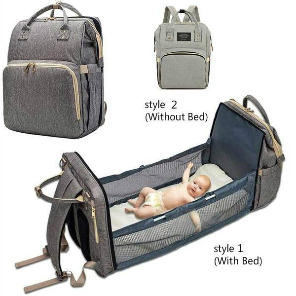 Portable Folding Crib Mommy Bag Bed Backpack - Green/Blue Pocket