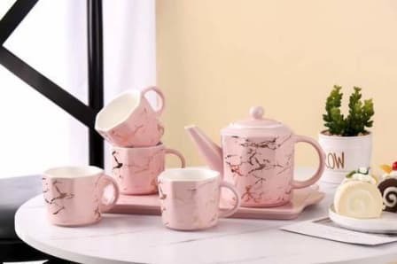 Luxury Ceramic Marble Print Porcelain Tea Set with Serving Tray - Pink