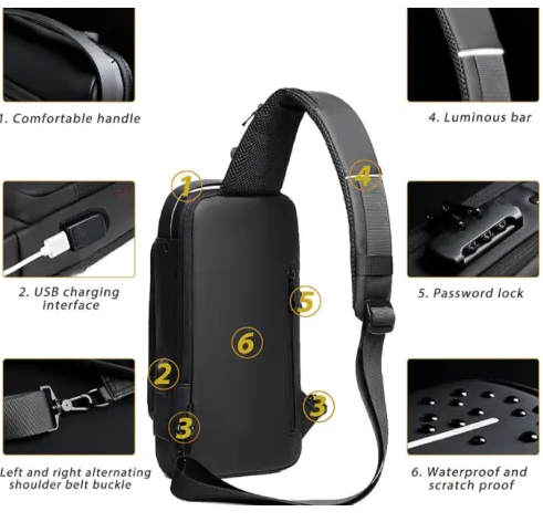 Anti-Theft Lock Sling Chest Bag - Grey/Brown