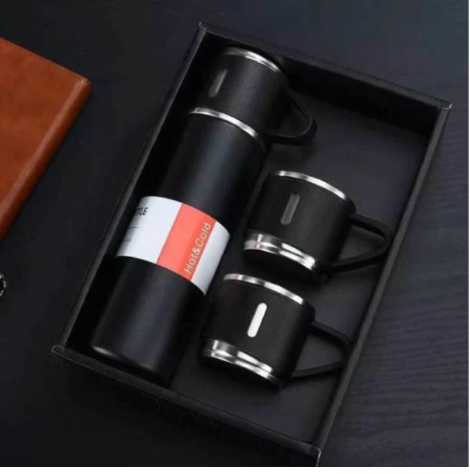 Stainless Steel and Vacuum Flask Bottle - Black (Set of 3 Cups)