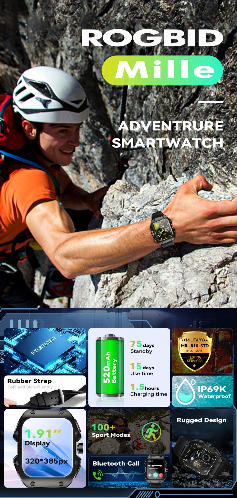 Rugged sports smart watch 1.91 inch 520mAH multi-scene sports mode - Gold
