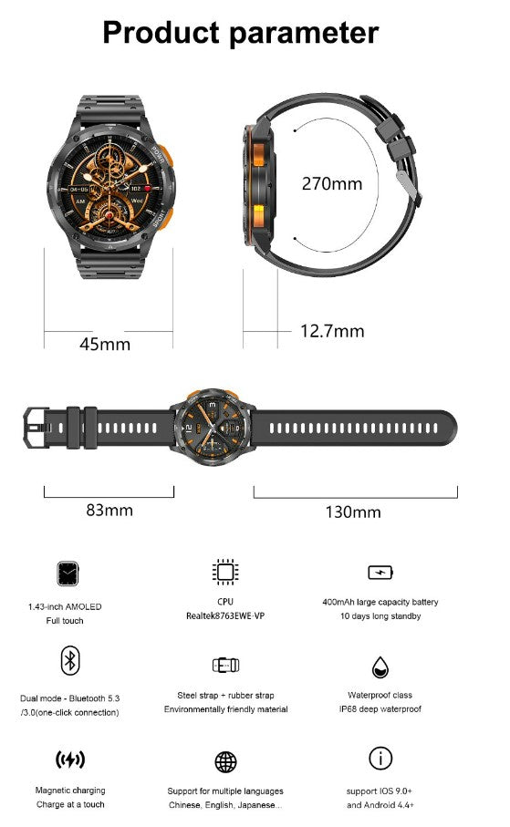 AK59 Smart Watch HD AMLOED Screen w/ health monitoring - Vinyl Strap