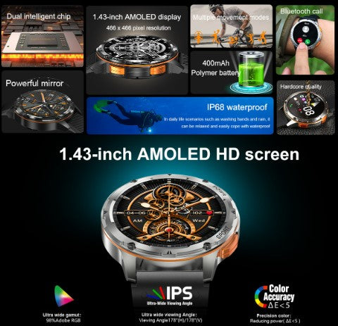 AK59 Smart Watch HD AMLOED Screen w/ health monitoring - Vinyl Strap