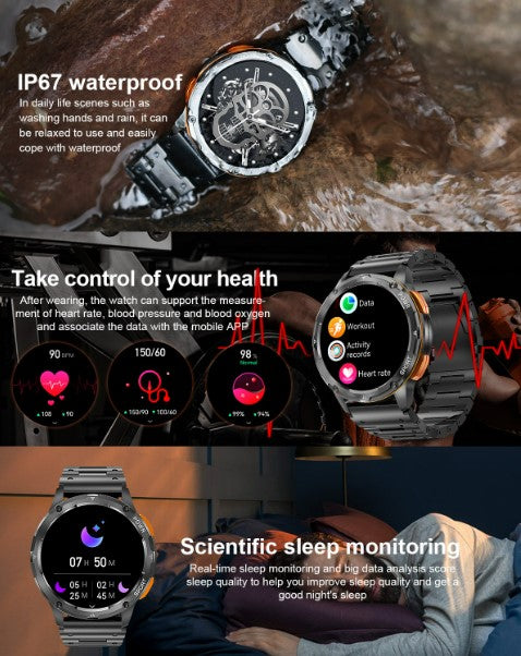 AK59 Smart Watch HD AMLOED Screen w/ health monitoring - Silver Steel Strap