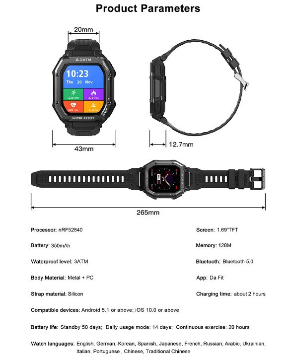 ROCK Rugged Smart Watch For Men Outdoor Sports - Black