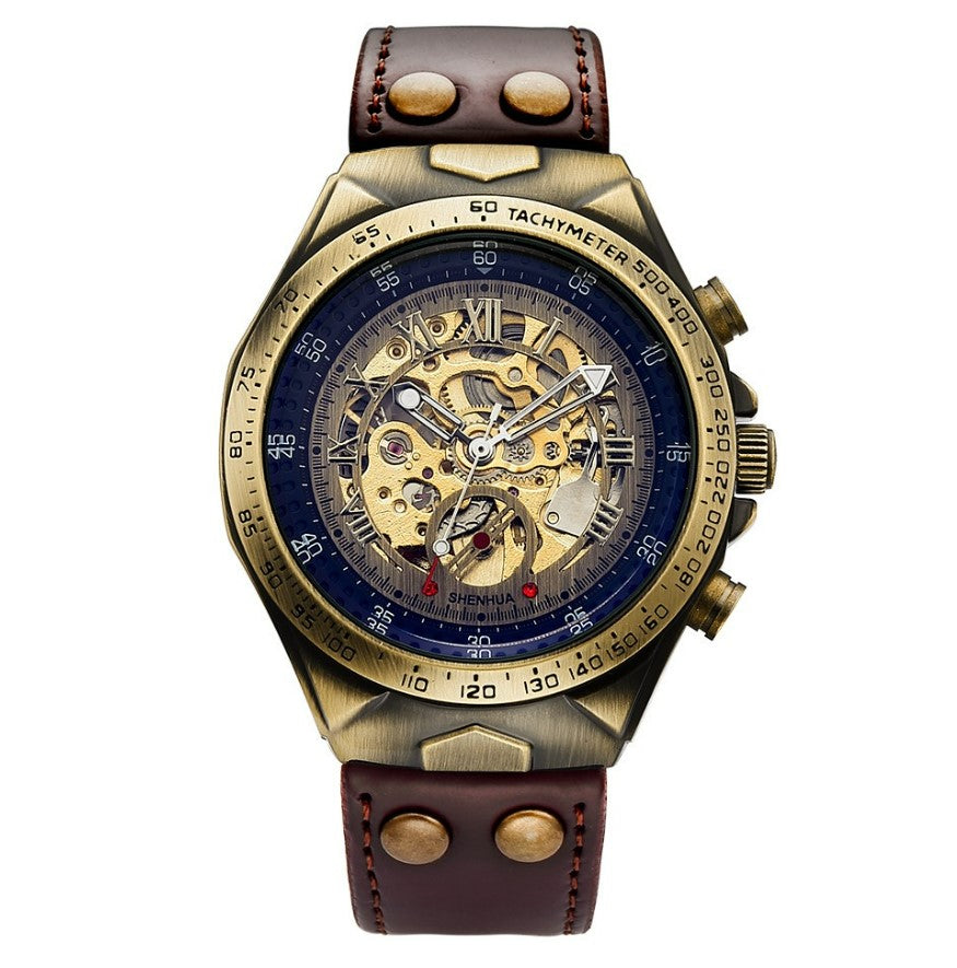 S075 Antique Fully Automatic Mechanical Watch - Brown Strap