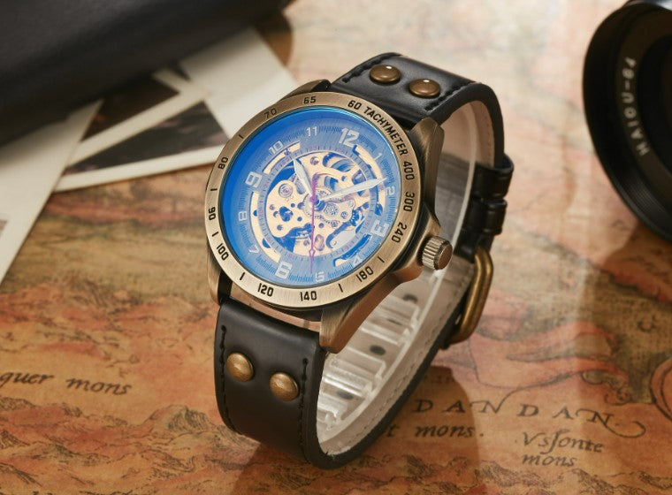 S076 Antique Fully Automatic Mechanical Watch - Black Strap