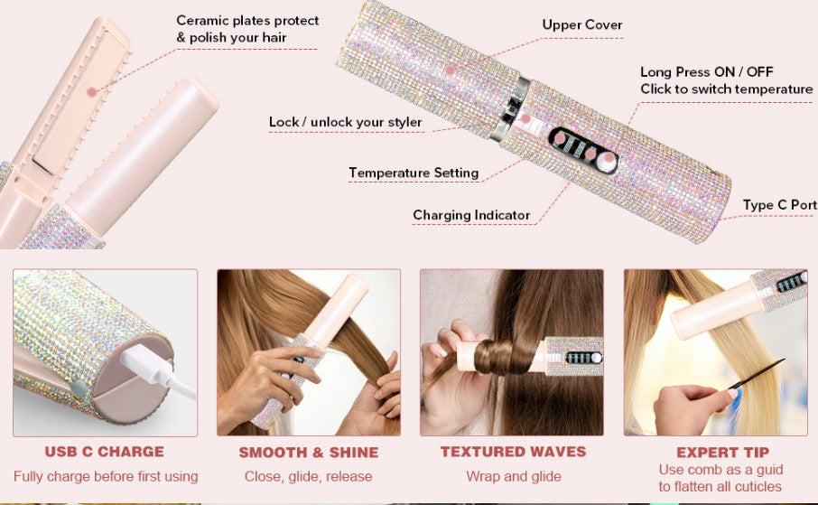 Electric USB Hair Straightening Brush Multifunctional Hair Curler Comb Styler - Red