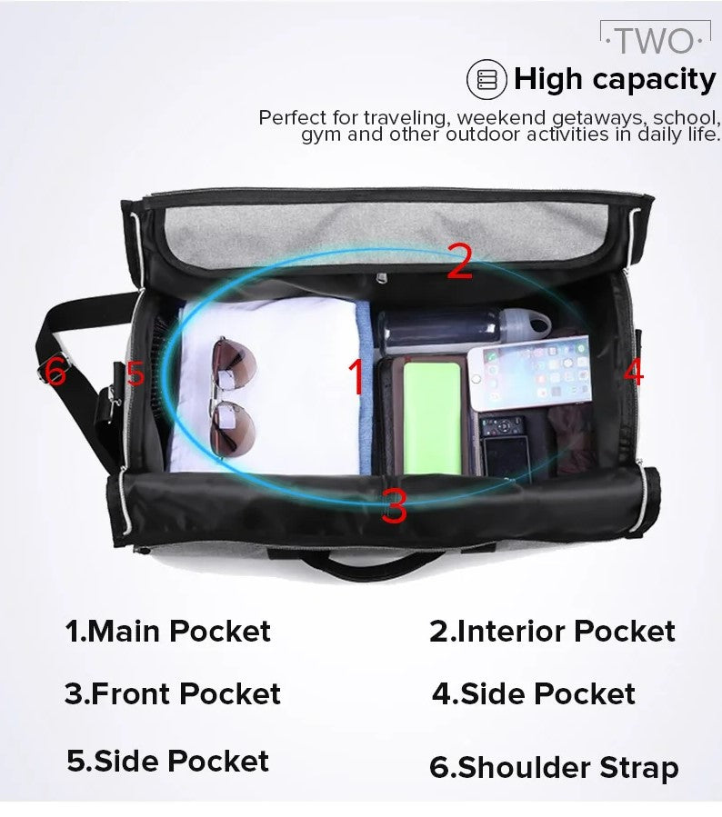 Waterproof Travel Bag Mens/Women Travel Shoulder Bag 2 In 1 Large Luggage Duffel Totes Carry On Hand Bag - Black