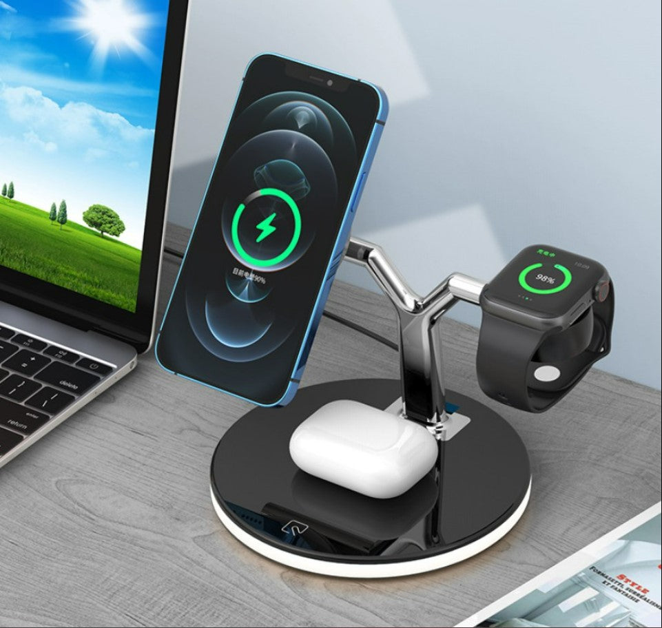 Magsafe desktop magnetic mobile phone holder charger three-in-one wireless charging watch headset - Black