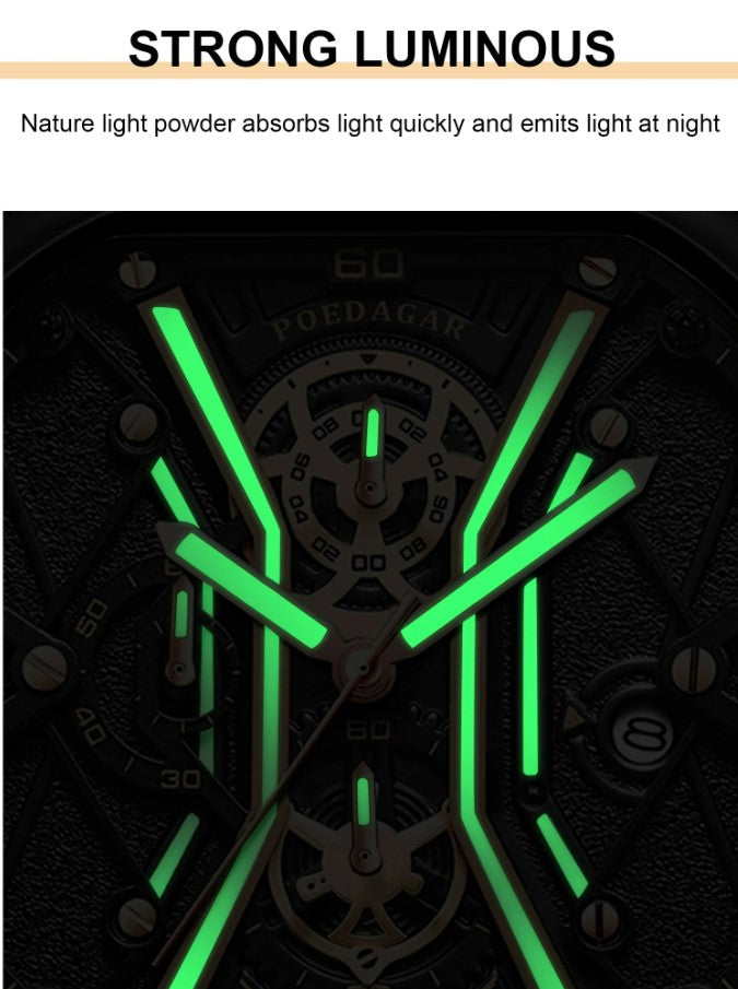 POEDAGAR Luxury Wristwatches Chronograph Leather Quartz Men's Watches - Black Gold