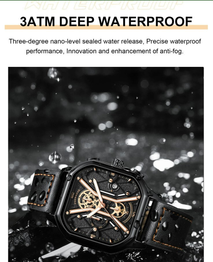 POEDAGAR Luxury Wristwatches Chronograph Leather Quartz Men's Watches - Black Gold
