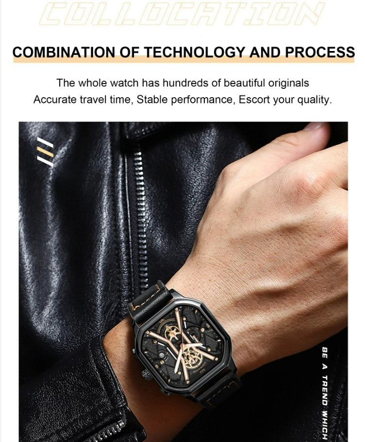 POEDAGAR Luxury Wristwatches Chronograph Leather Quartz Men's Watches - Black Gold