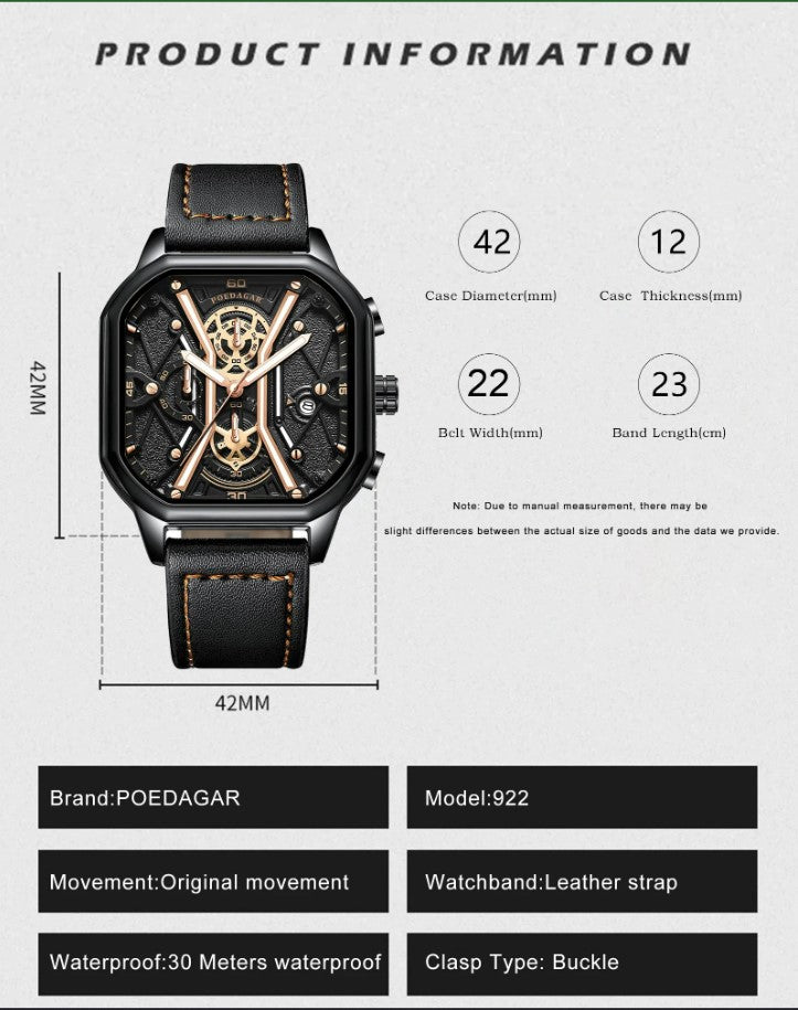 POEDAGAR Luxury Wristwatches Chronograph Leather Quartz Men's Watches - Black Silver