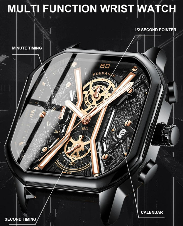 POEDAGAR Luxury Wristwatches Chronograph Leather Quartz Men's Watches - Silver Black