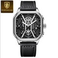 POEDAGAR Luxury Wristwatches Chronograph Leather Quartz Men's Watches - Silver Black