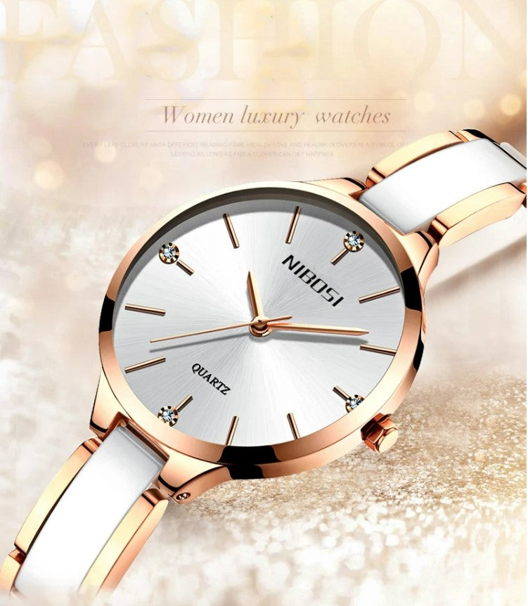 NIBOSI Luxury Ceramic Ladies Bracelet Watches - Rose White